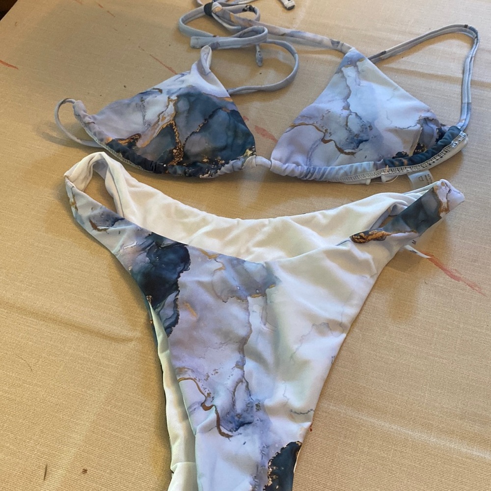 Marbled Blue Tie-Strap Triangle Bikini Top & Bottom Set BNIB